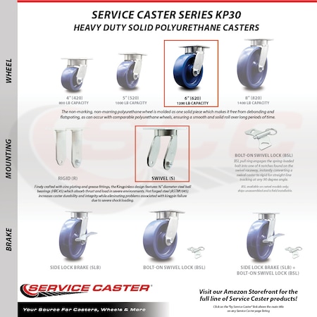 Service Caster 6 Inch Kingpinless Solid Poly Wheel Swivel Top Plate Caster SCC-KP30S620-SPUR